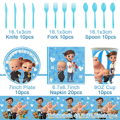 Cartoon Boss Baby Birthday Party Set - Disposable Tableware, Backdrop & Balloons for Kids Baby Shower Decor
