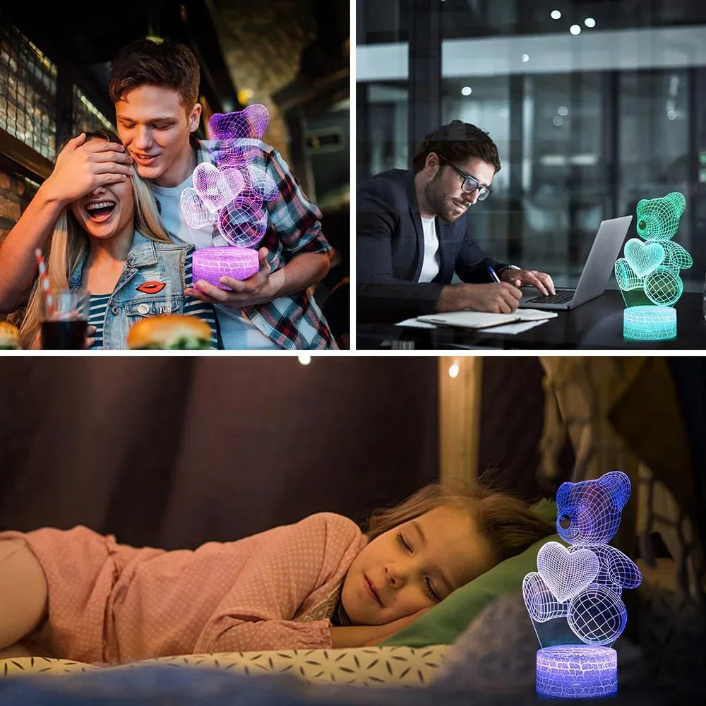 16-Color 3D Teddy Bear Night Light – LED Color-Changing Lamp for Kids & Gifts