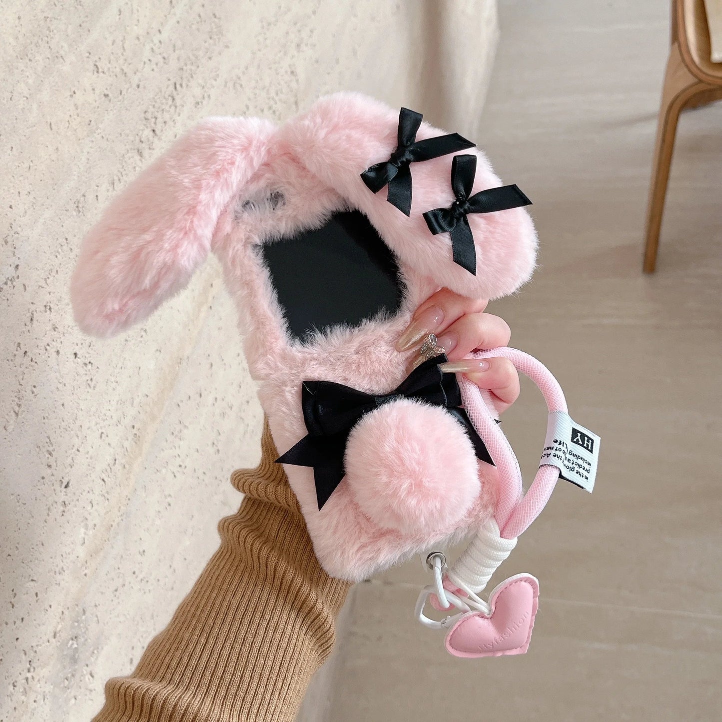 Cute Maid Bunny Folding Plush Phone Case with Lanyard – Kawaii Phone Accessories for Galaxy Z Flip 3 4 5 6