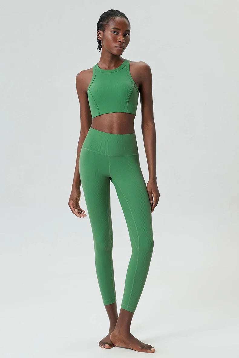 3PCS Women’s Fitness Yoga Set – Solid Color Ribbed Long Sleeve Top & High Waist Leggings, Breathable Workout Sportswear