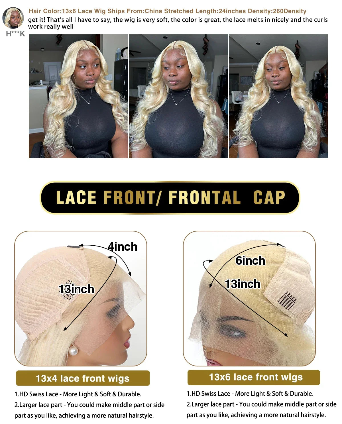 613 Honey Blonde Body Wave HD Lace Front Wig – 13x6 Transparent Glueless Human Hair Wig, 13x4 Lace Frontal, 180 Density
