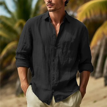 Men’s Cotton Linen Hawaiian Shirt – Solid White Turn-Down Collar Lightweight Breathable Casual Streetwear Large Size