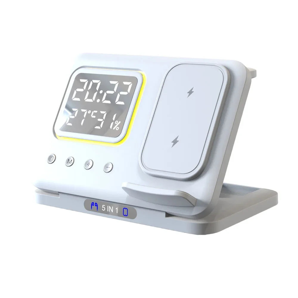 5-in-1 Foldable Wireless Charger Station - LED Digital Alarm Clock Fast Charging Dock for iPhone 15/14 & iWatch 8