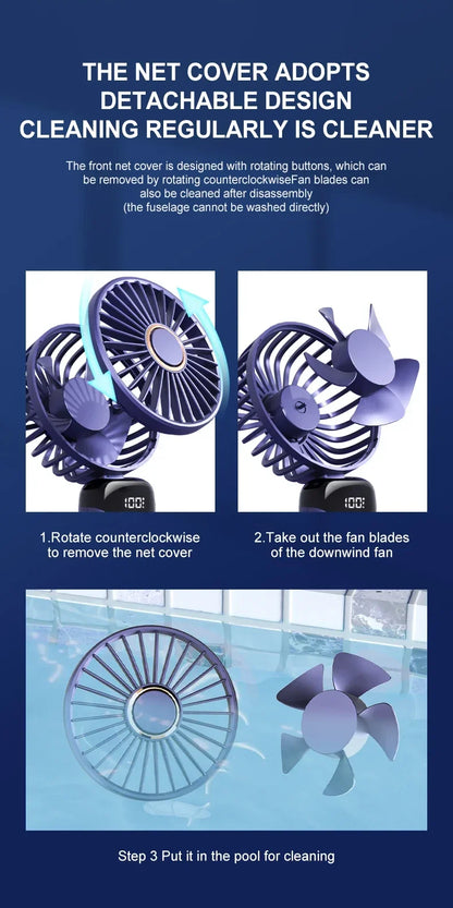 5000mAh Handheld Mini Fan – Wireless USB Rechargeable Portable Fan with Digital Display, Phone Holder, 5-Speed Foldable Neck Hanging Fan