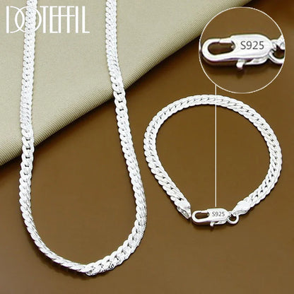 DOTEFFIL 925 Sterling Silver Side Chain Necklace & Bracelet – 6mm, 8-24 Inch, Fashion Charm Wedding Jewelry for Women & Men