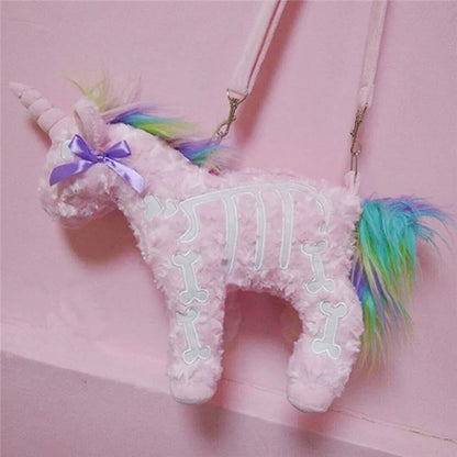 Dark Punk Unicorn Backpack – Gothic Pink Plush Flying Horse Skeleton Stuffed Crossbody Bag, High-Quality Gift for Friends