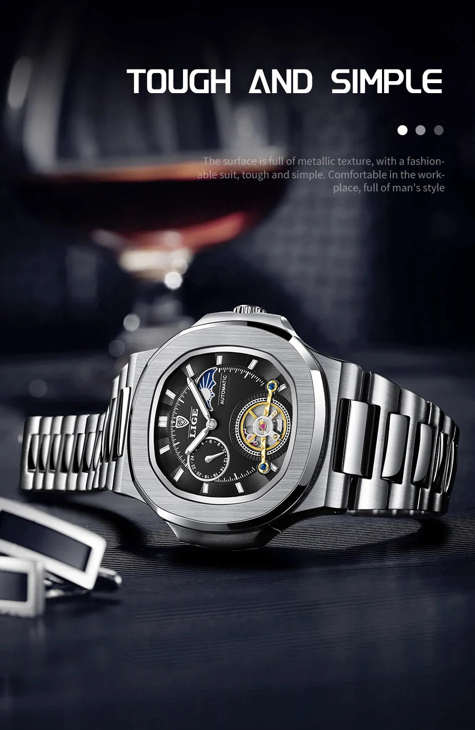 LIGE Dual Seconds Tourbillon Watch – Men's Stainless Steel Mechanical Timepiece, 24H, Night Glow, Waterproof