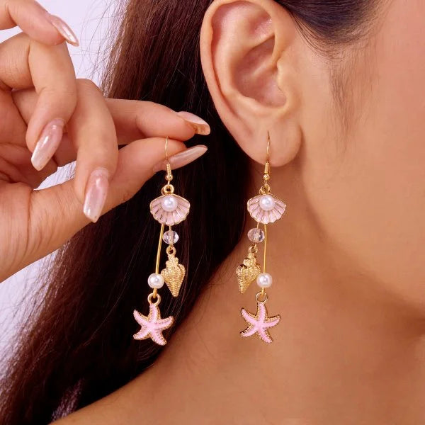 Ocean Style Asymmetric Earrings - Starfish Shell Pearl Zircon Stud Jewelry Gift for Women