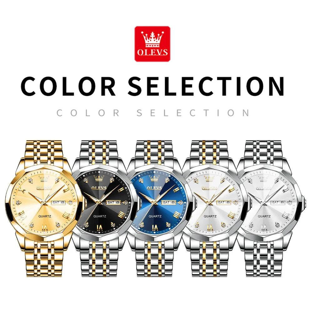 OLEVS Men's Gold Quartz Wristwatch – Waterproof Luminous, Rhombus Mirror with Date and Week, Luxury Dress Watch