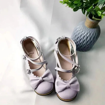 HoneyCherry Lolita Princess Shoes – Women’s Cute Flats with Bow, Cross Straps & Low Round Design