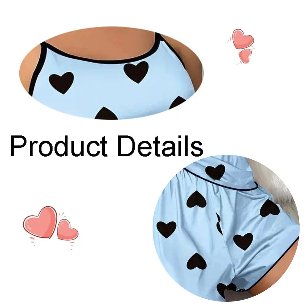 Women’s Summer Pajama Set – Pink Heart Print Ice Silk T-Shirt & Shorts, Comfortable Casual Round Neck Sleepwear