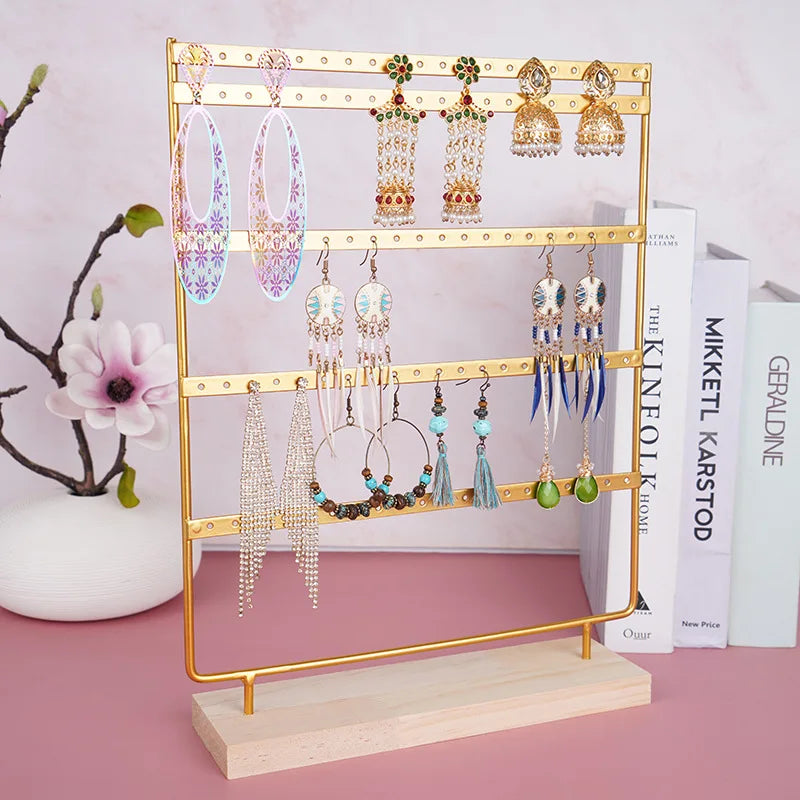 5-Tier Earring Display Stand - 100 Holes Metal Jewelry Organizer with Wooden Base Storage Rack