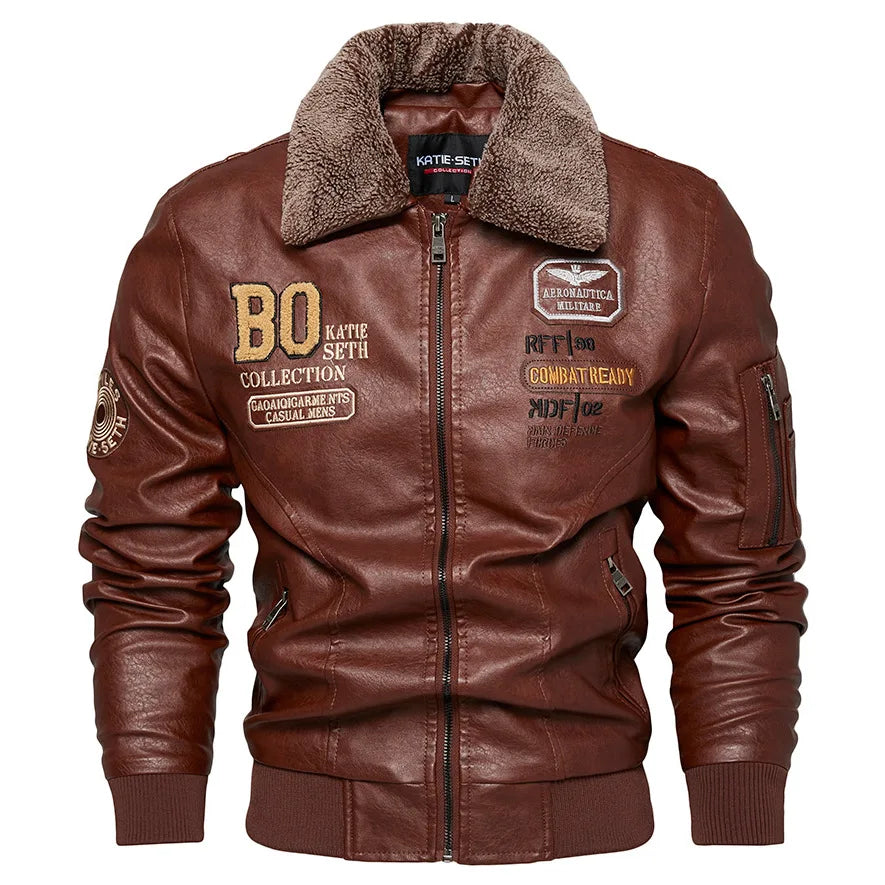 Men's Slim Fit Leather Bomber Jacket - Fur Collar Warm Flight Pilot Coat Black Outerwear
