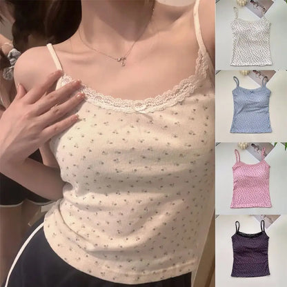 Women’s Y2K Floral Lace Camisole Top – Slim Fit Sexy Sleeveless Tank for Spring 2024
