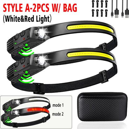 USB Rechargeable LED Sensor Headlamp - XPE + COB Head Torch Flashlight for Camping, Fishing & Outdoor Search Lighting