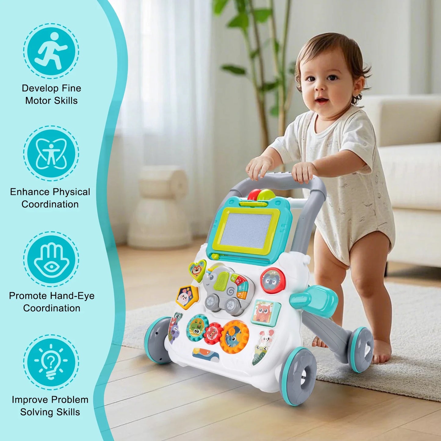 Baby Push Walker Toy - Multifunction Musical Learning Walker with Drawing Board for 12M+ Toddlers