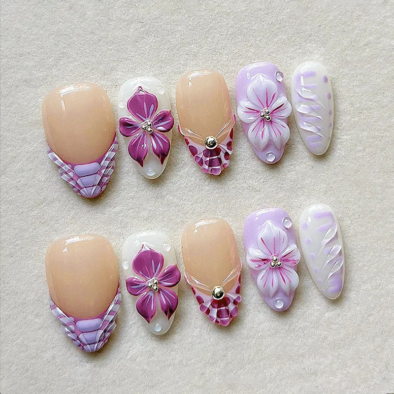 24PCS Strawberry Bow Press On Nails - Red Short Almond Pearl Starlight Floral False Nail Art Tips
