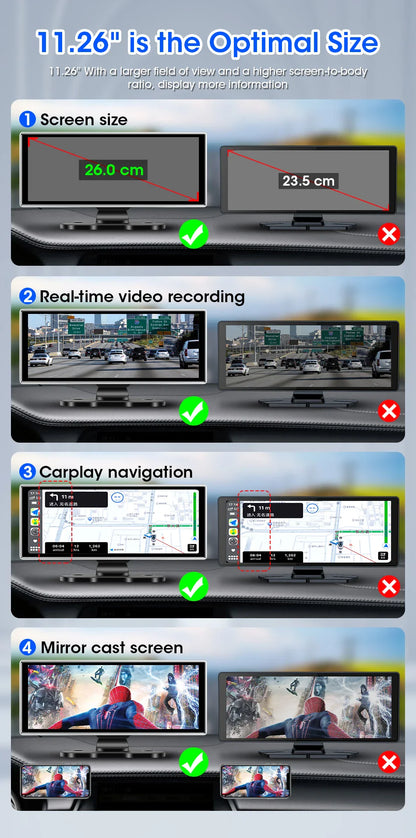 10/11.26" 4K Dash Cam — Dual-Lens Car DVR with Wireless CarPlay, Android Auto, GPS, WiFi, FM & AUX Video Recorder