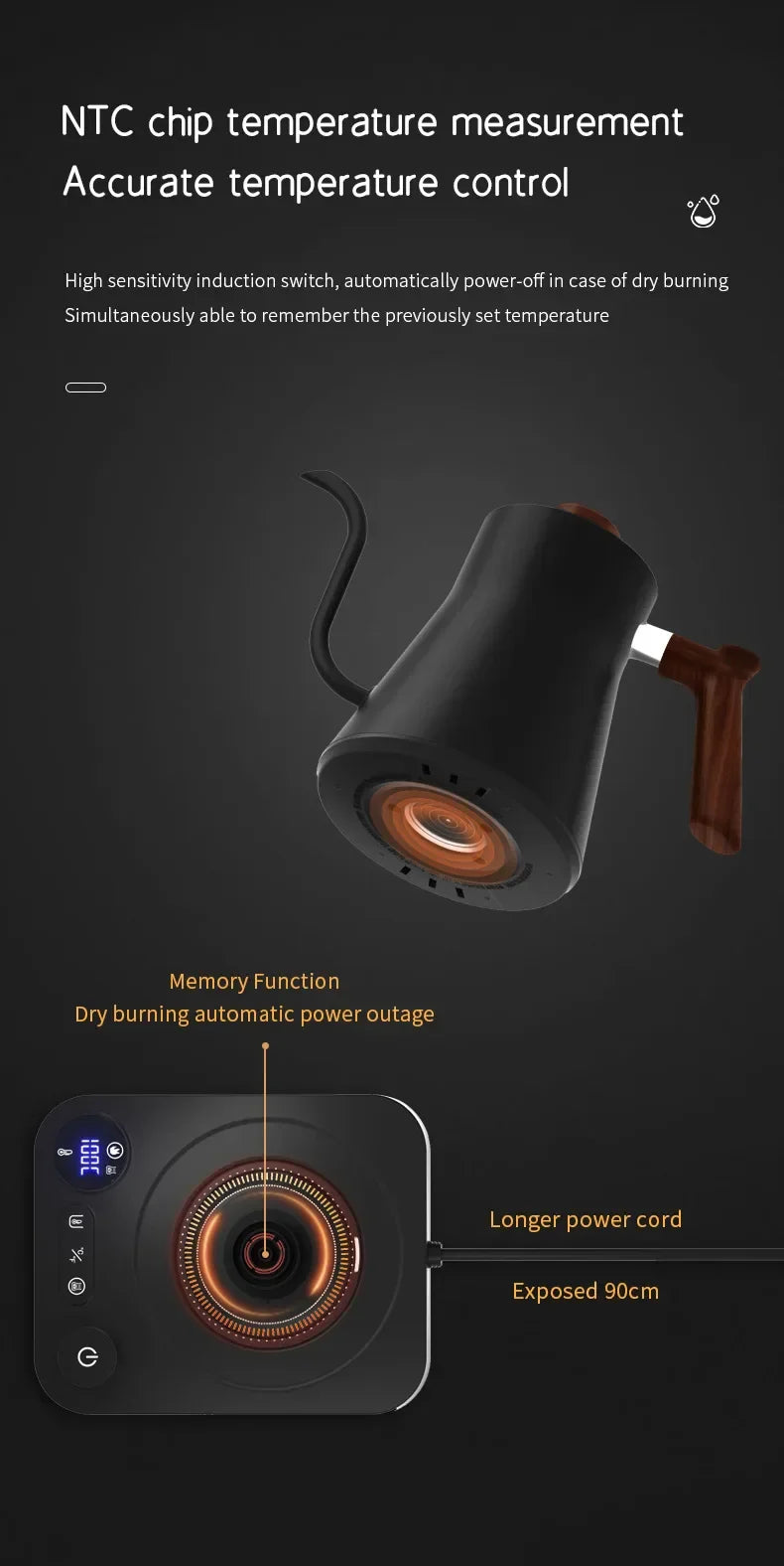 Electric Gooseneck Kettle 900ml — Smart Hand Brew Coffee Pot with Temperature Control & Rapid Heating, 110V/220V