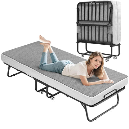 Twin Size Foldable Metal Bed Frame with Foam Mattress – Rollaway Space Saving Guest Bed with Lockable Wheels (75”x31”)