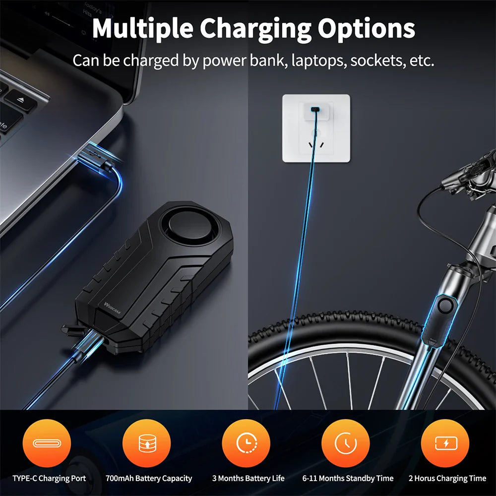 Wsdcam Vibration Bicycle Alarm – USB Rechargeable Anti-Theft Motorcycle Bike Alarm 113 dB Waterproof with Remote Control