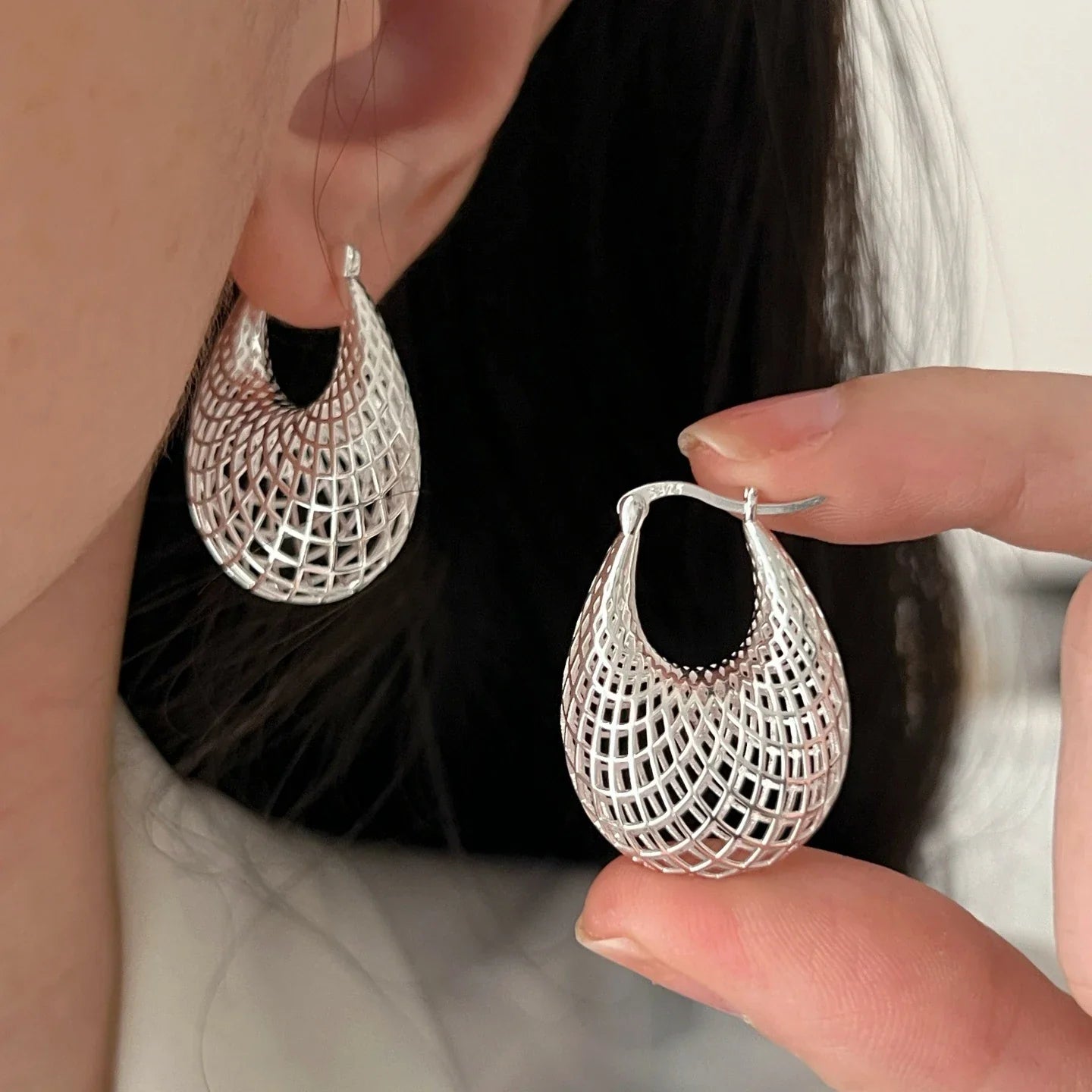 PANJBJ925 Sterling Silver Hoop Earrings - Frosted Geometric Design Fashion Jewelry Gift for Women