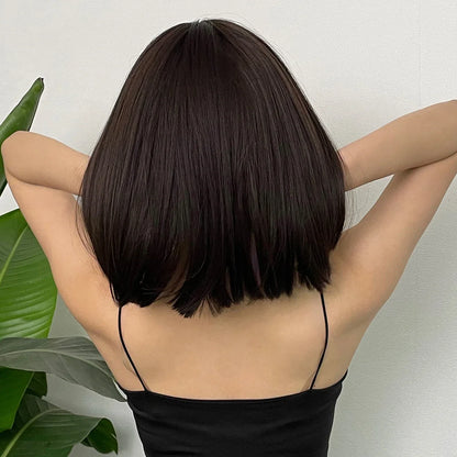 Short Black Brown Synthetic Natural Hair Wigs: Bob Straight Wig with Bangs, High Temperature for Daily Cosplay & Party