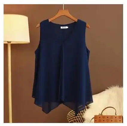 Women's Chiffon V Neck Blouse - Loose Sleeveless Plus Size Fashion Top M-5XL