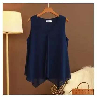 Women's Chiffon V Neck Blouse - Loose Sleeveless Plus Size Fashion Top M-5XL