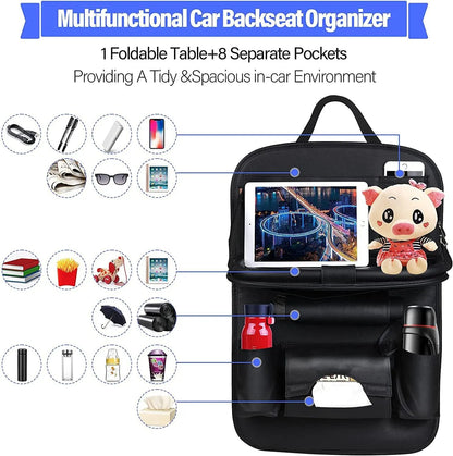 Car Seat Back Organizer with Foldable Table Tray – PU Leather Storage Organizer with Pockets & Kick Mats