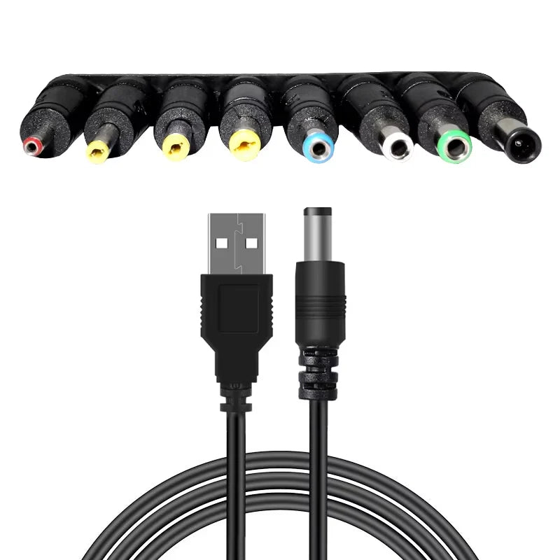 USB to DC Power Cable - 5V Charging Cord with 8 Connector Tips for CCTV & TV Box Devices