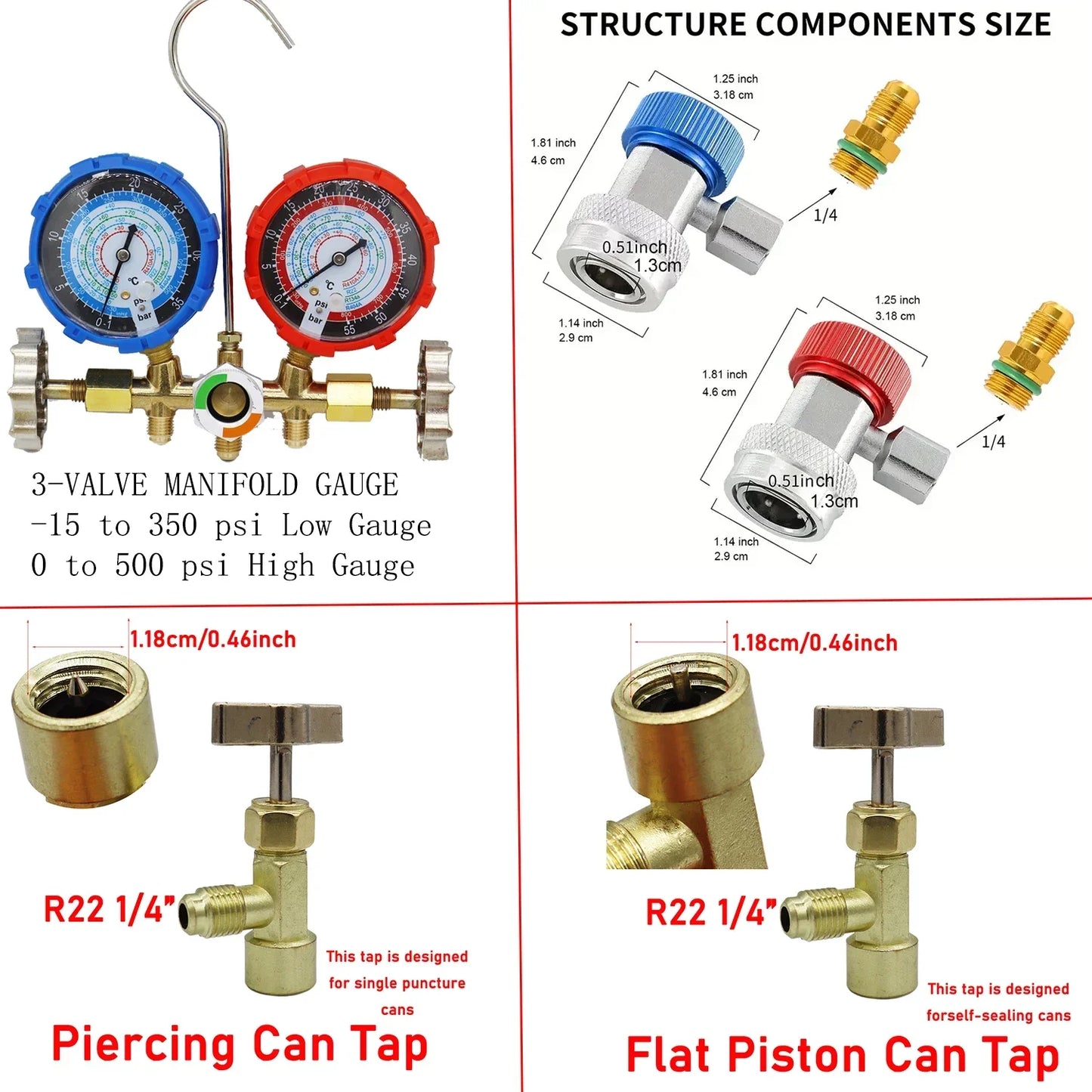 Refrigerant Manifold Gauge Kit - Automotive AC Charging Tool for R410A R22 R134A R404A