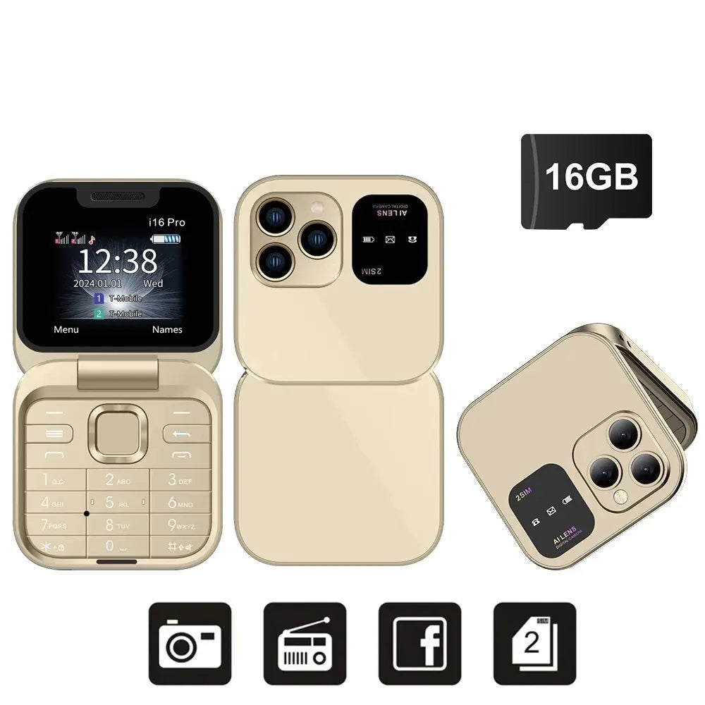 SERVO I16 Pro Mini Fold Mobile Phone — Dual SIM 2G GSM Flip Cellphone with Speed Dial, FM, 3.5mm Jack & Video Player