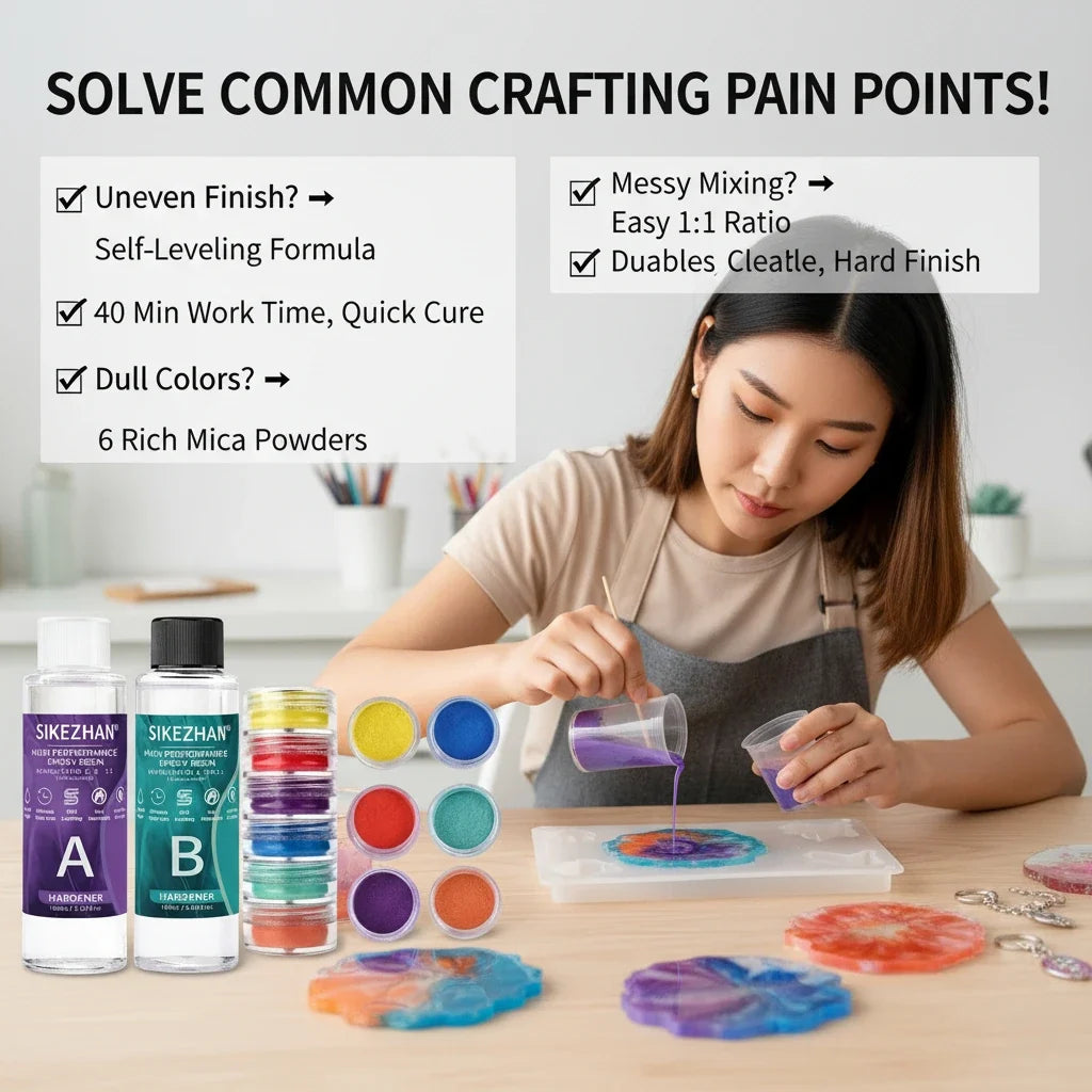 Crystal Clear Epoxy Resin Kit - AB Resin Glue with 6 Color Mica Powder for DIY Jewelry, Nail Art, Soap & Craft Casting
