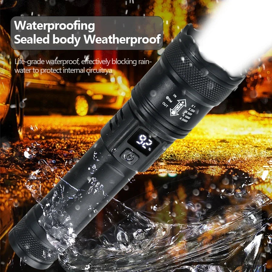 2000LM High-Power LED Tactical Flashlight – USB Rechargeable Zoom Torch with Display, Outdoor Camping, Fishing & Emergency Lantern Light for Survival Use