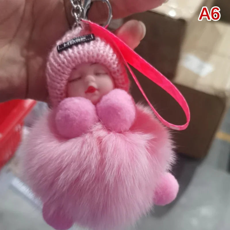 Cute Pompom Sleeping Baby Keychain - Fluffy Plush Doll Bag Charm, Key Ring & Gift for Women and Girls