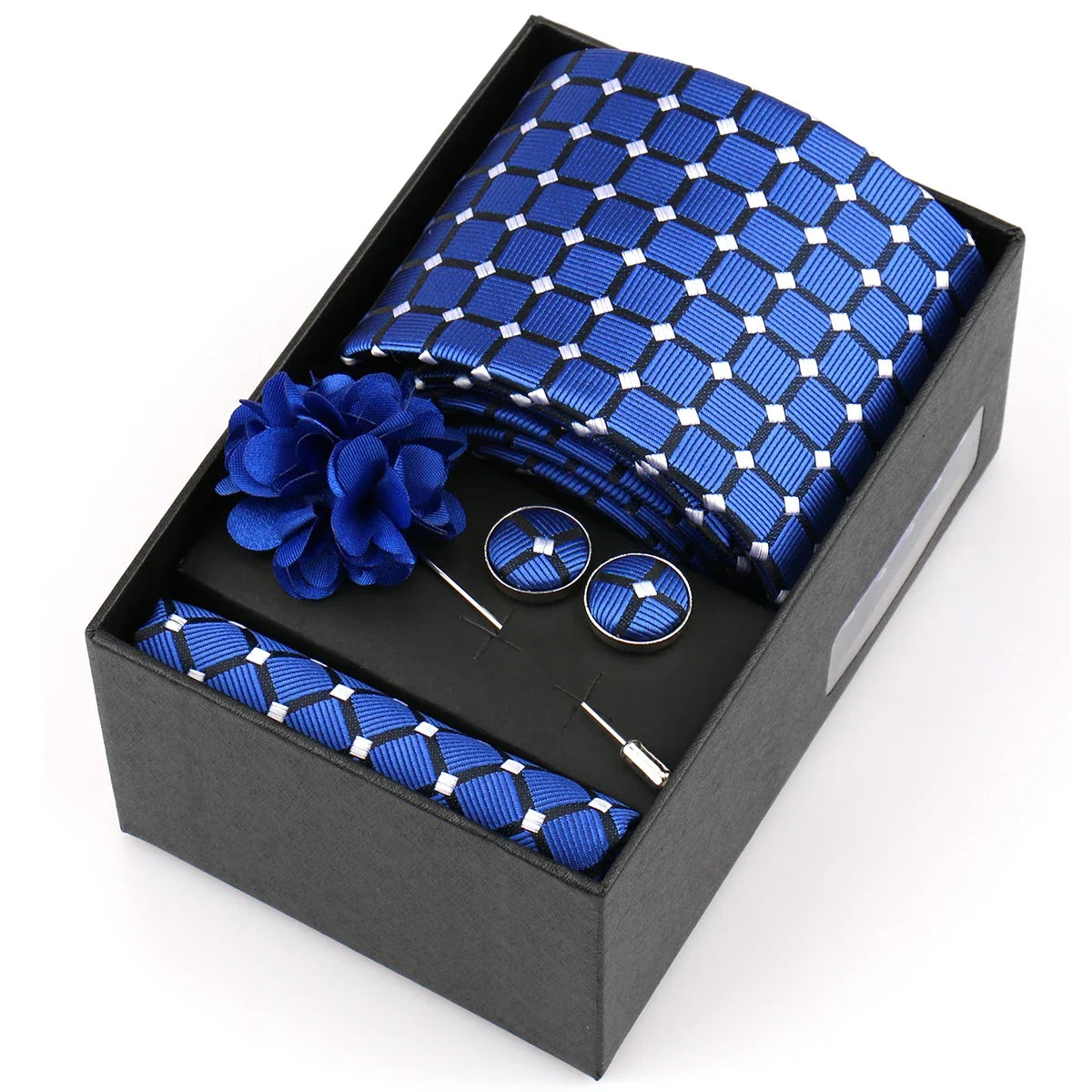 Men’s 4-Piece Tie Set Gift Box - Elegant Necktie with Handkerchief, Cufflinks & Brooch for Business, Wedding & Suit Accessories