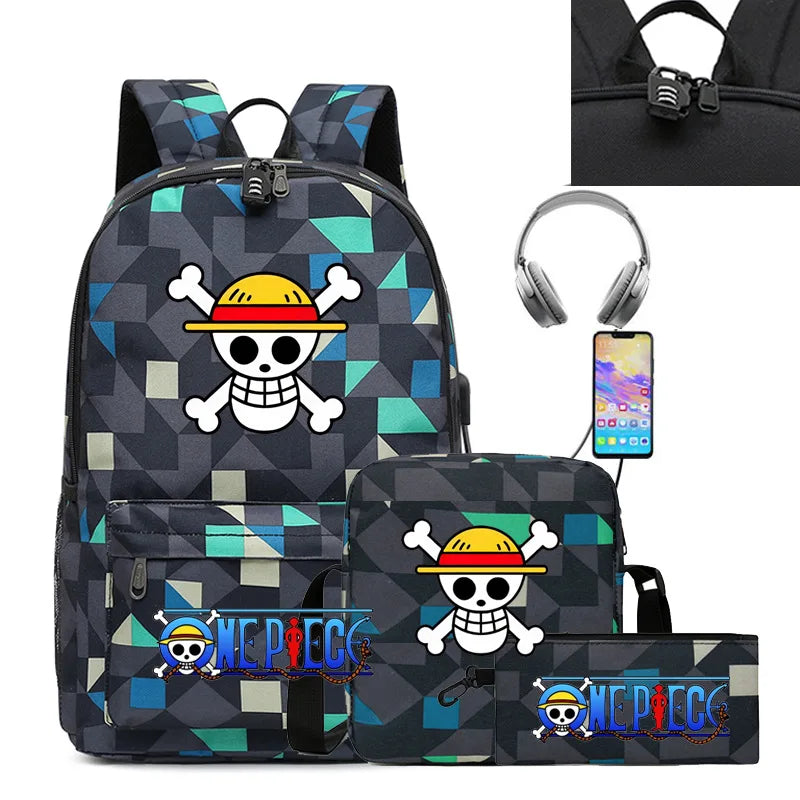 3PC One Piece Luffy School Backpack Set – Rechargeable Anime Bag for Boys & Girls, Student Cartoon Mochila