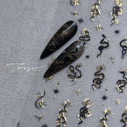 5D Gold Stamped Nail Art Stickers - Silver Sun Stars Snake Chinese Style Self-Adhesive Manicure Decals