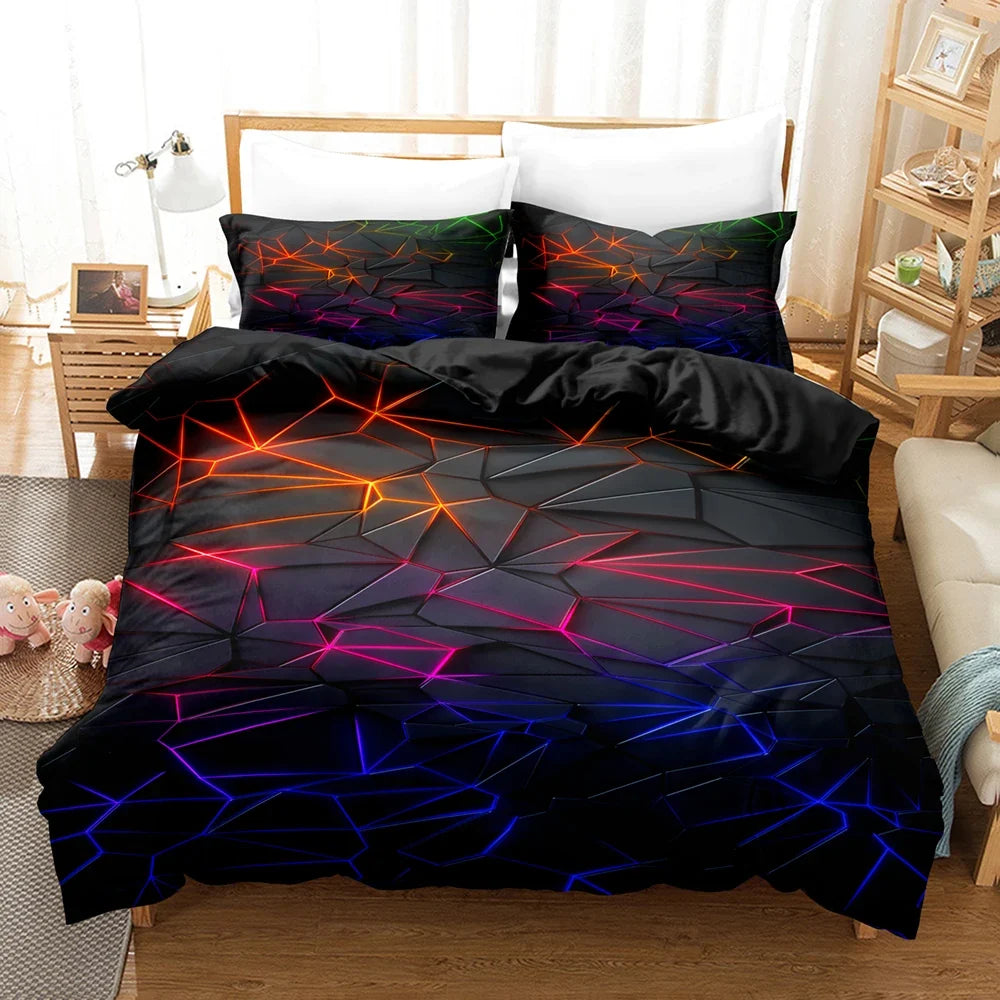 Colorful Glowing Polygon Grid Bedding Set - Duvet Cover with Pillowcases for Twin, Queen & King Sizes