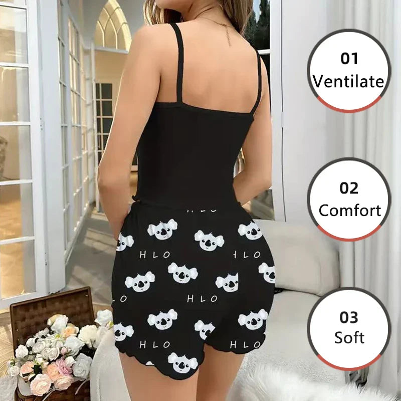 Women’s Printed Pajama Set – Sports Camisole & Shorts Sleepwear, Soft & Breathable Loungewear