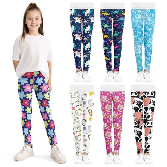 Kids Girls Cartoon Print Leggings – Soft Milk Silk Casual Stretch Sports Pants for Baby Girls Comfortable Trousers 4–12Y