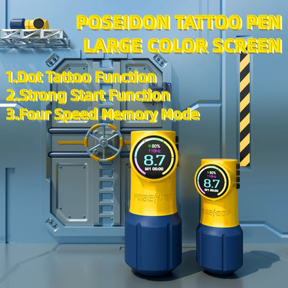 POSEIDON Tattoo Pen Kit – Wireless Yellow Tattoo Machine Set with Power Supply for Permanent Makeup & Professional Tattooing