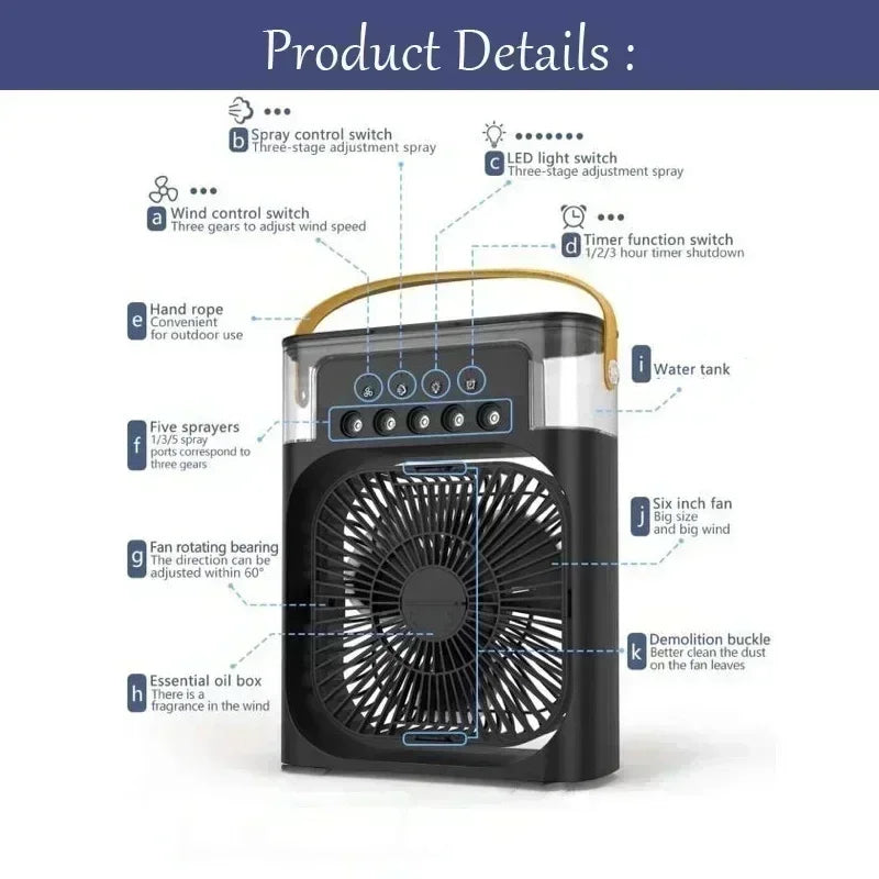 3-in-1 Mini Air Cooler Fan – Portable Household Air Conditioner with LED Night Light, Humidifier, and Adjustable Air for Home & Office