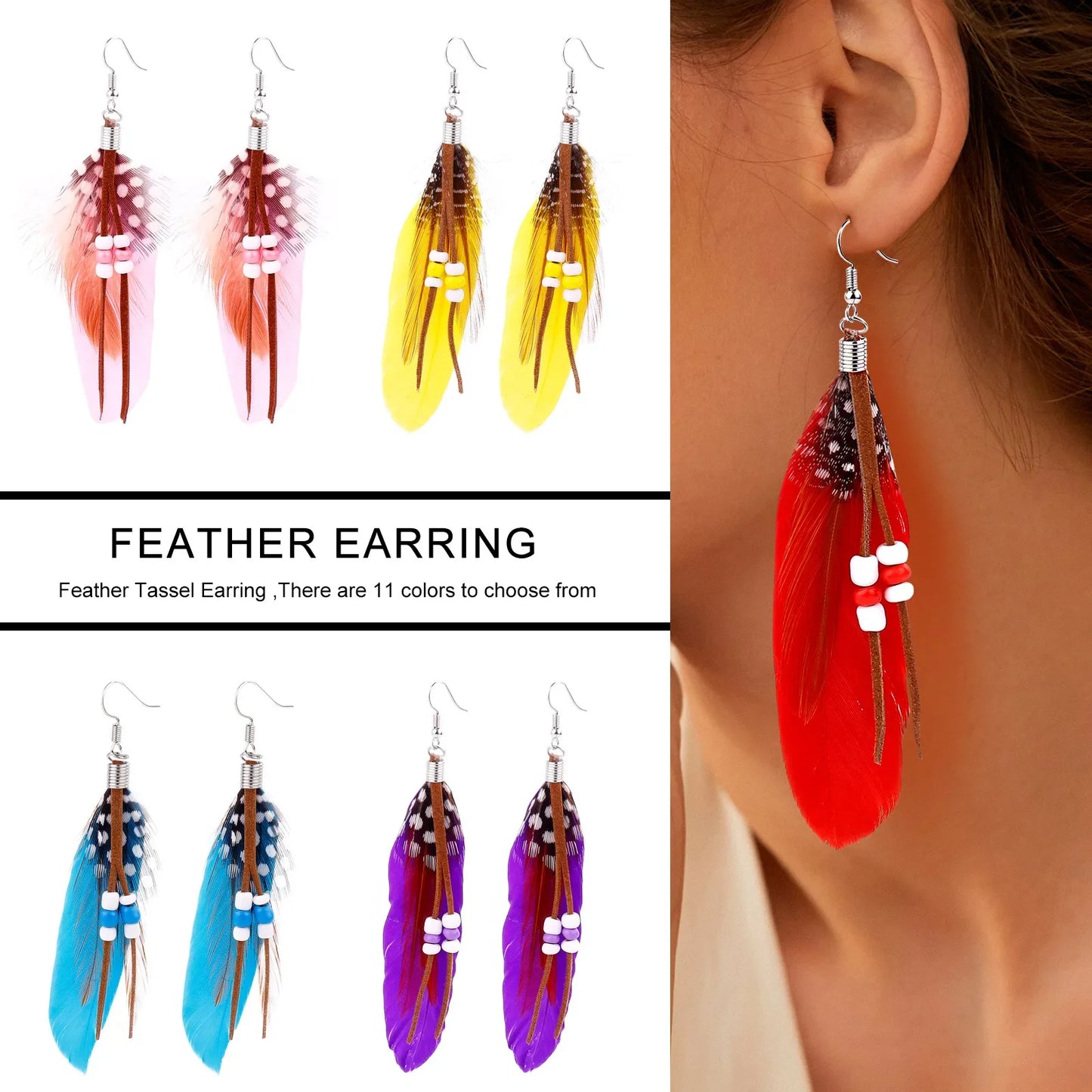 Red Feather Tassel Earrings - Bohemian Beaded Fashion Jewelry Accessories for Women