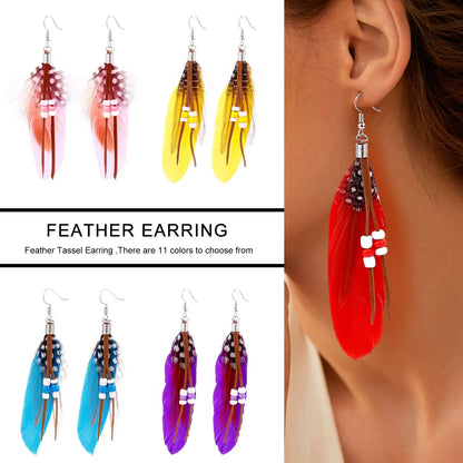 Red Feather Tassel Earrings - Bohemian Beaded Fashion Jewelry Accessories for Women