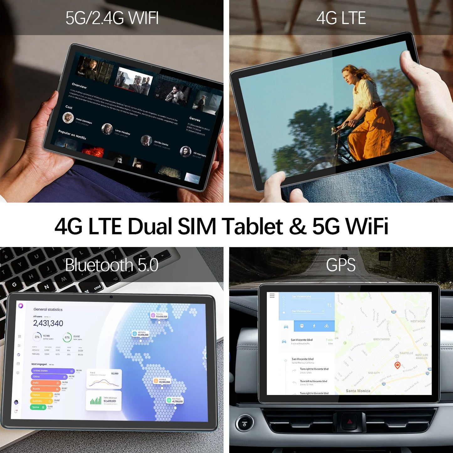 VASOUN Android 14 Tablet 10.1" — 12GB RAM, 128GB ROM, Octa-Core, Dual SIM 4G, WiFi 2.4G/5G, GPS