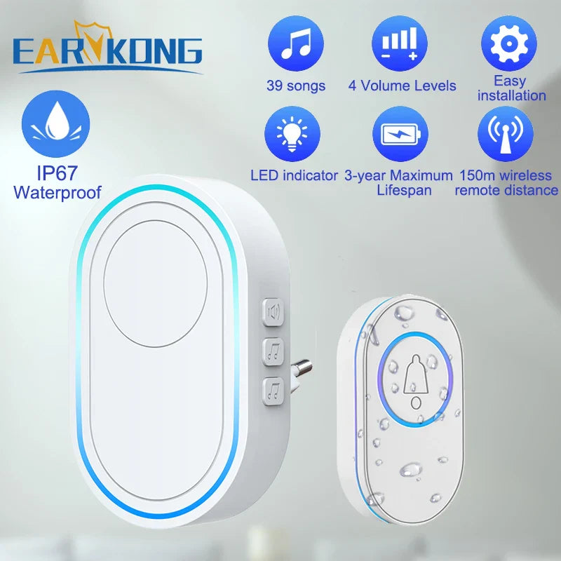Intelligent Wireless Doorbell – Waterproof Smart Doorbell with 300m Remote Range, EU/UK/US Plug Options, Home Welcome Chime