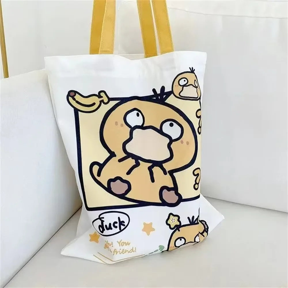 Pokemon Canvas Shoulder Bag - Pikachu Psyduck Squirtle Large Capacity Reusable Casual Handbag for Women Shopping