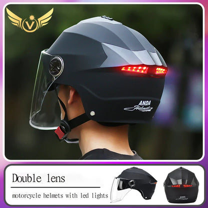 LED Motorcycle Helmet with Double Visor – Rechargeable Electric Scooter & Bicycle Safety Helmet for Men & Women Night Riding Protection